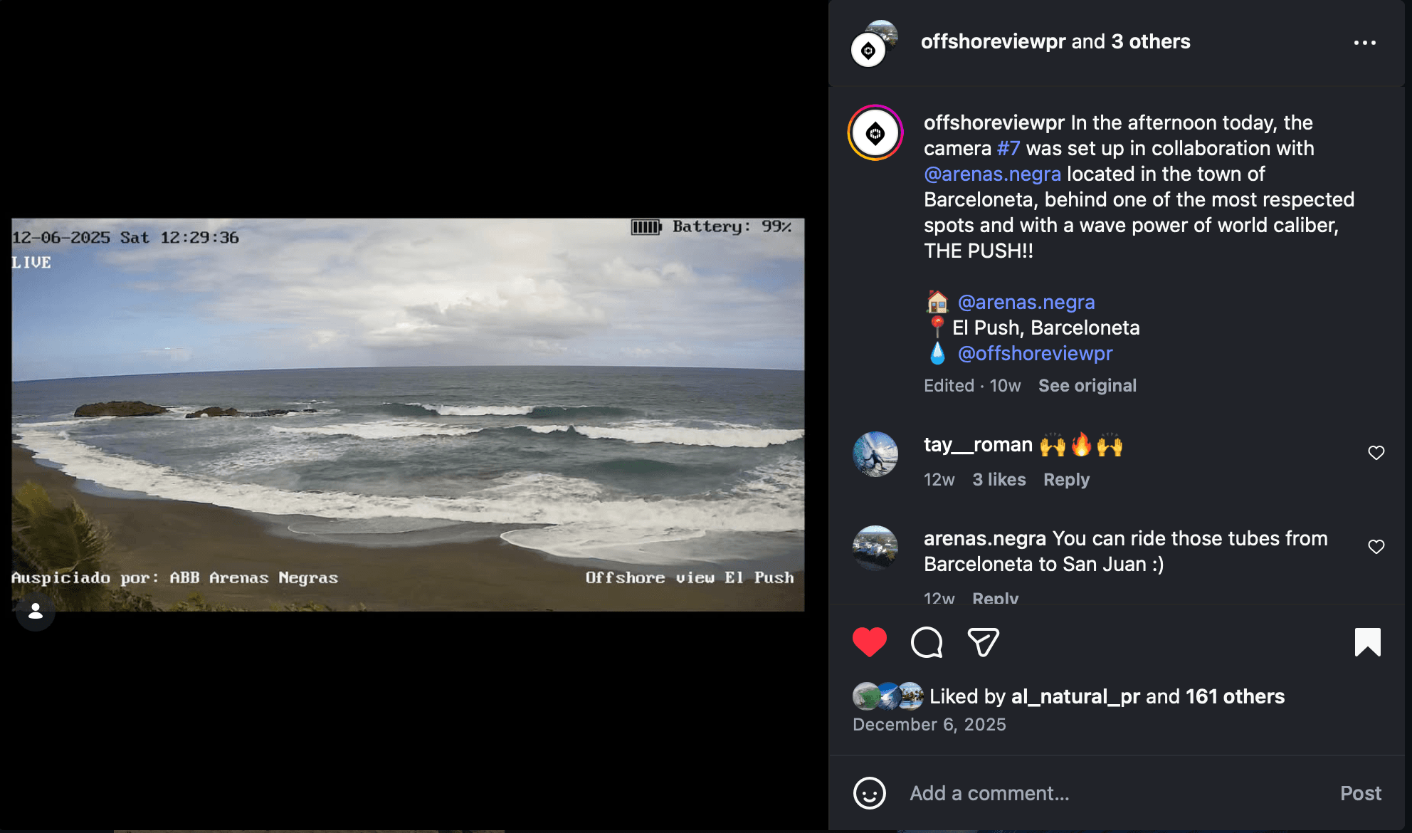 El Push surf break from Camera 7 at Arenas Negra